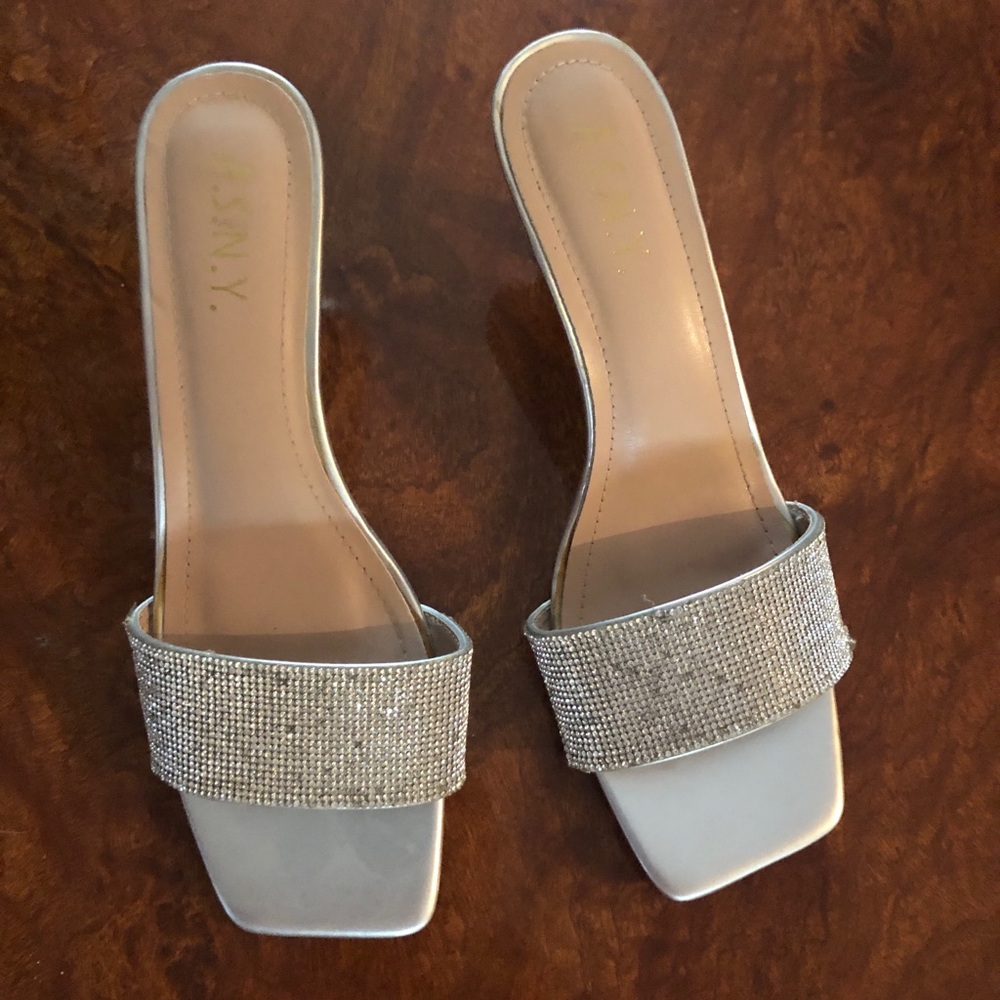 Crystal-Embellished Silver Slip-On Mules